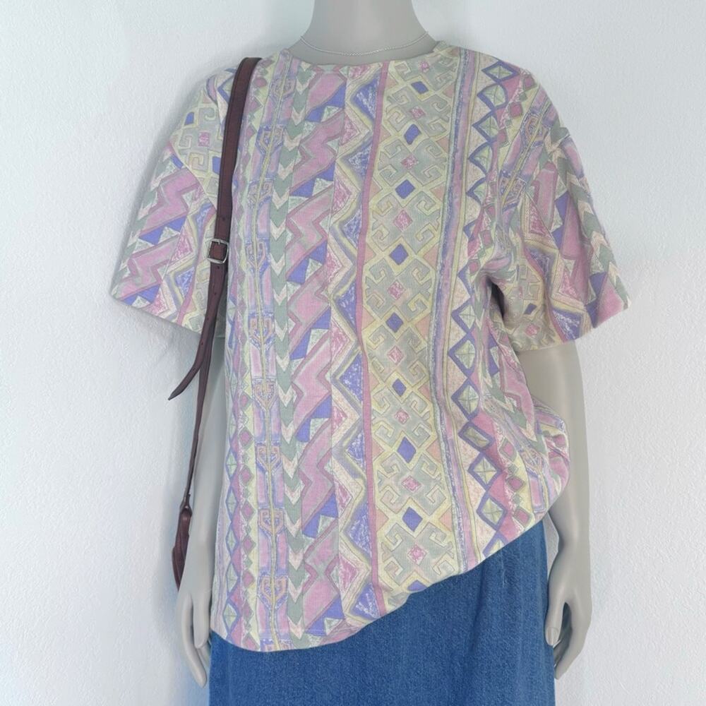 Vintage Pastel Geometric Grandmacore Short Sleeve Shirt Made in USA Retro 22